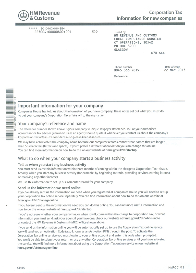 CT41G Corporation Tax - Information for New Companies