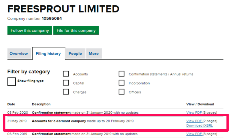 Dormant accounts entry on a Companies House company record