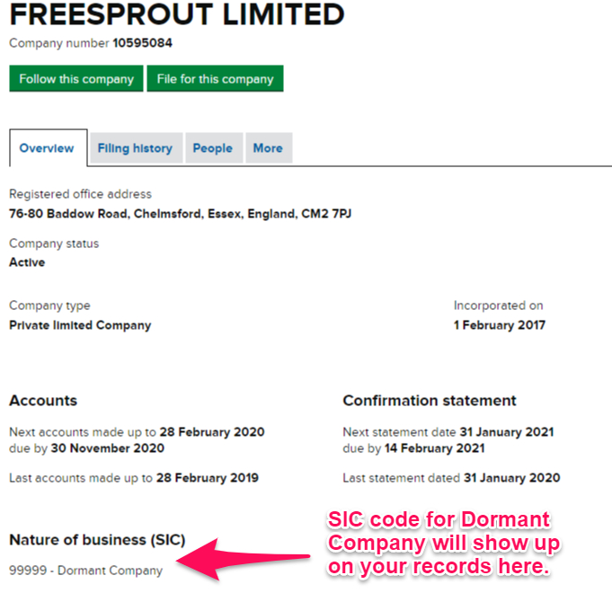 Dormant company SIC code