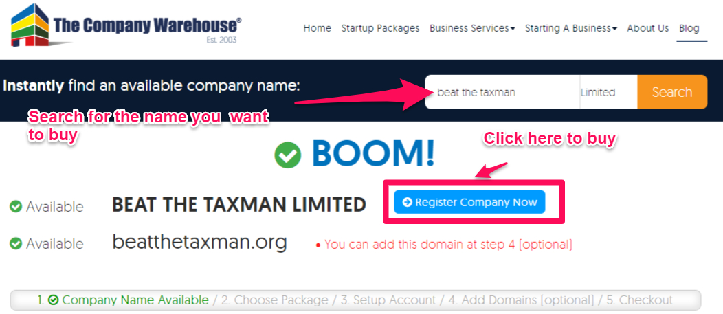 How to buy a company name using our search tool.