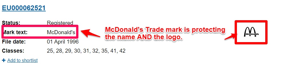 mcdonalds trademark entry at the intellectual property office