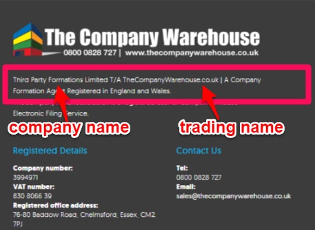 Company name and trading as name use in website footer