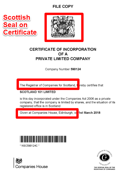 Certificate of incorporation for a Scottish registered company 