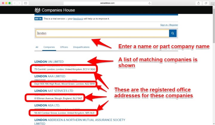 Finding a registered office address at companies house