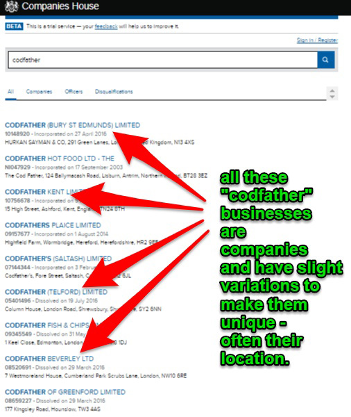 List of companies using similar names on Companies House database