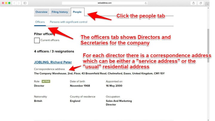 Finding directors address at companies house