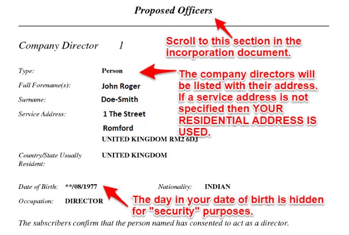Finding directors address in incorporation document