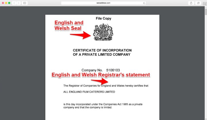Certificate of incorporation showing registered office in England and Wales