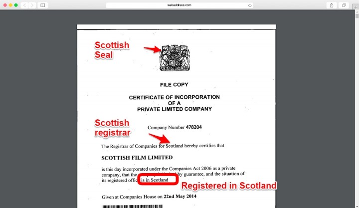 Certificate of incorporation showing scottish registered office