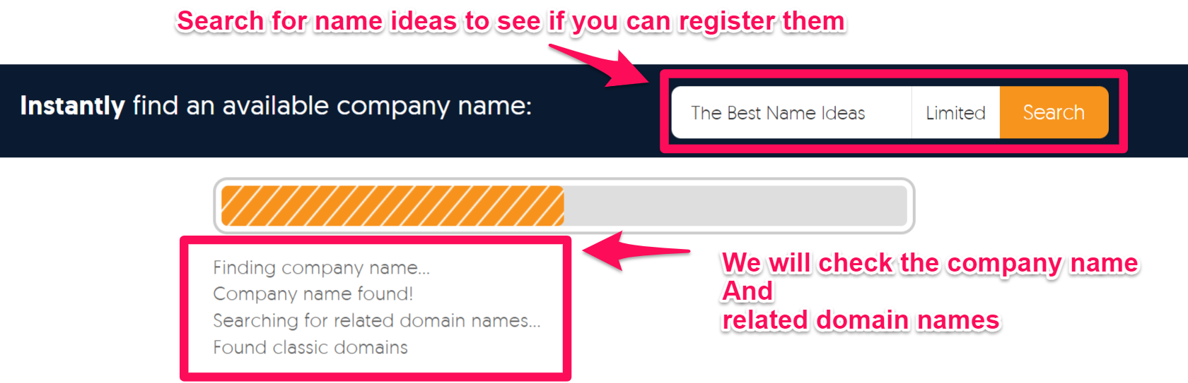 Usin our search tools to check if the "best company name ideas" can be registered as a company.