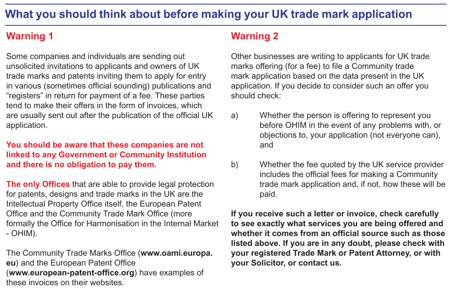 Filing a Trade mark IPO Trademark warnings