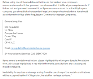 Screenshot from CIC regulators website showing disclaimer regarding the use of model articles for a CIC