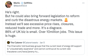 Tweet from Merlin Griffiths about energy costs for small business in 2023