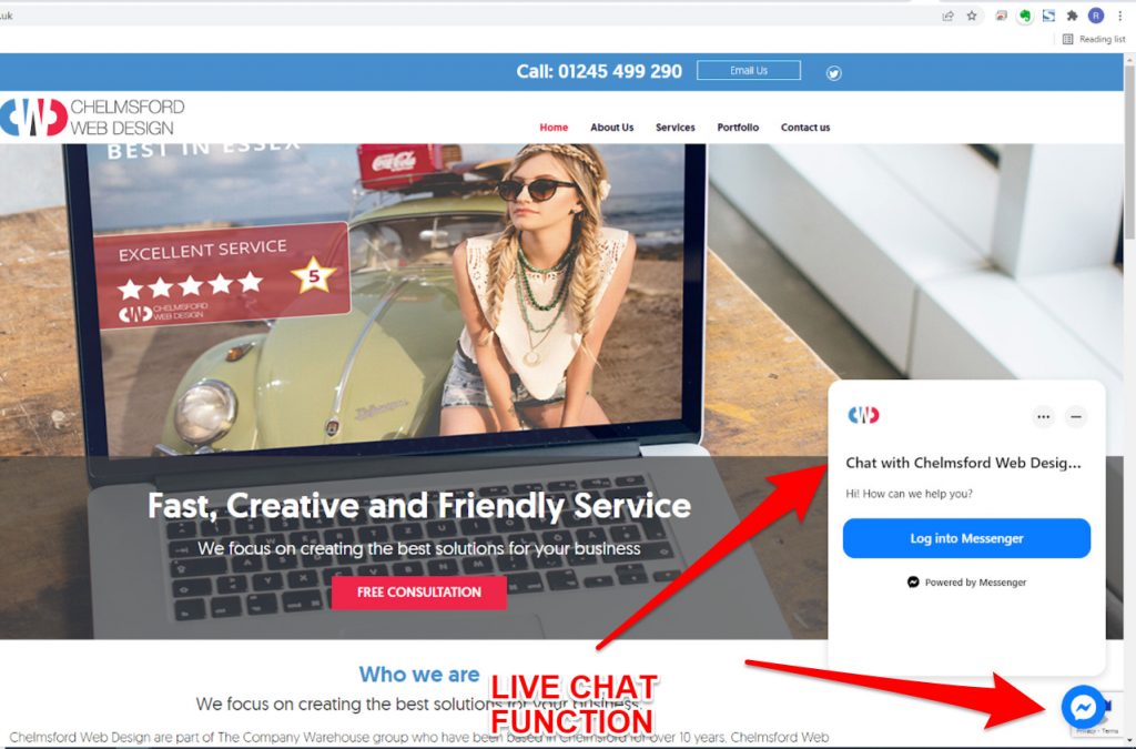 A sample website demonstrating how the facebook messenger plugin appears enabling visitors to initiate a webchat.