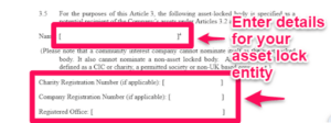 An image showing a template of the asset lock in the articles of a CIC