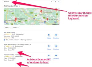 An image showing the results of a google search where there is a maps listing on the results page, showing 3 businesses each with reviews.
