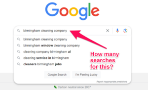 Google search for a cleaning company with the annotation "how many searches for this?"