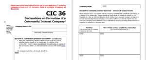 Template Form CIC 36 showing where the community interest statement is completed